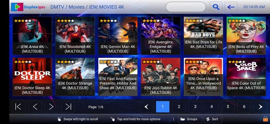 Duplex Play IPTV app 2026 on Samsung Smart TV showing VOD content library