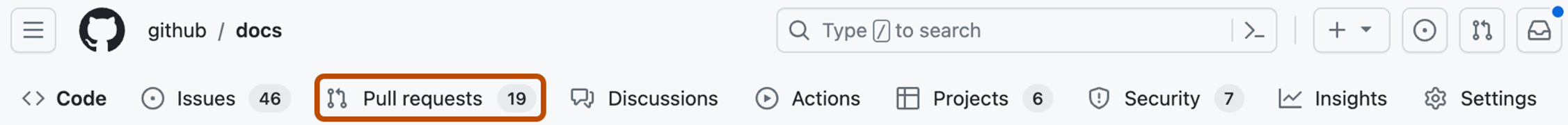 Screenshot of the main page of a repository. In the horizontal navigation bar, a tab, labeled "Pull requests," is outlined in dark orange.
