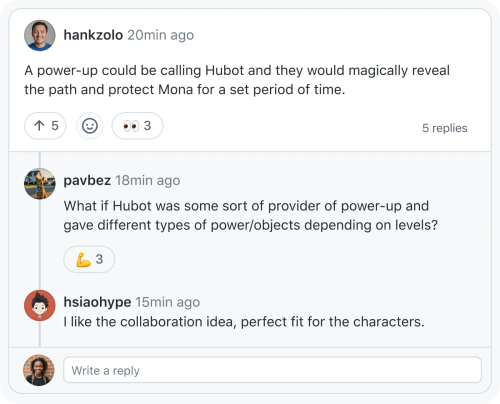 The image is a screenshot of a conversation thread on a social media platform. The first comment is from "hankzolo" 20 minutes ago, suggesting that a power-up could call Hubot to reveal the path and protect Mona for a set period of time. This comment has received 5 likes and 5 replies. The second comment is from "pavbez" 18 minutes ago, proposing that Hubot could provide different types of power-ups or objects depending on levels. The third comment is from "hsiaohype" 15 minutes ago, expressing