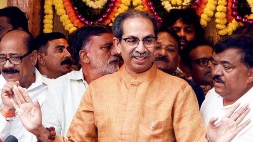Shiv Sena (UBT) chief Uddhav Thackeray talks to the media during the celebrations after the party's victory in the Lok Sabha elections, in Mumbai on Wednesday.