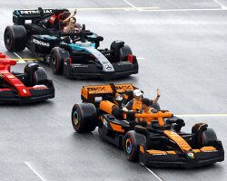 full-size F1 cars made of LEGO bricks drive around miami grand prix