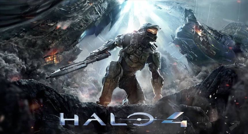 Spartan soldier in combat gear amidst exploding warships and smoke. — Halo 4 Wallpaper