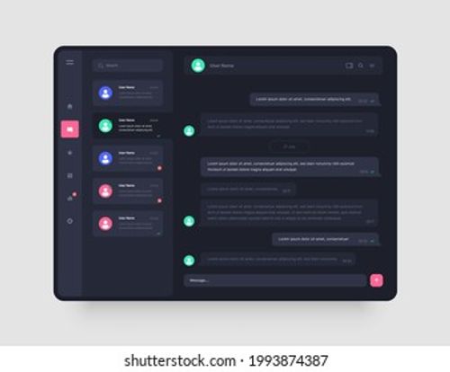 Dashboard Design with chat, social media, online messenger kit. App interface with UI and UX elements. Use design for web application, desktop app or website. Dark mode. Stock Vector