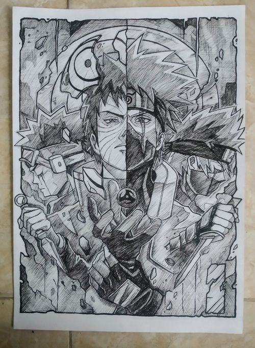 Naruto Detailed Drawing, Obito Drawing Hard, Naruto Characters Drawings, Naruto Drawings Sketches, Naruto Art Sketch, Naruto Artwork, Naruto Sketches, Obito Kakashi Drawing, Kakashi And Obito Drawing