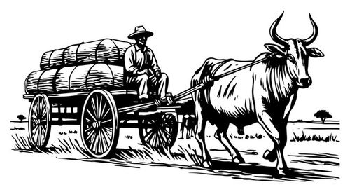 Rural farmer driving bullock cart loaded with harvest sacks traditional village transport vector sketch illustration