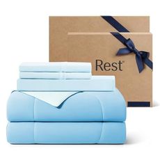Rest® Evercool®+ Cooling Comforter Set, Full Size Light Blue, 4pcs with Cooling Blanket, Wrinkle-Free Deep Pocket Fitted Sheet, 2 Silver-Infused Pillowcases for Skin and Hair Bed Set for Ultra Comfort