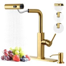 Kitchen Faucet with Pull Down Sprayer, Stainless Steel Gold Kitchen Faucets, Single Handle Kitchen Sink Faucet with Soap Dispenser, 1 or 3 Hole Water Faucets for RV Bar Laundry Farmhouse Camper