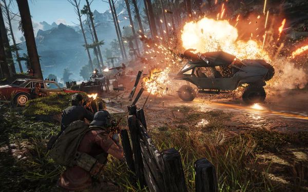 Video game HD PC desktop wallpaper: Tom Clancy's Ghost Recon Breakpoint — crouched soldiers in a forest watch a vehicle erupt in flames on a mountain road as debris flies.