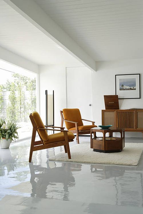 living room with vintage stereo - mid-century-modern-interior stock pictures, royalty-free photos & images