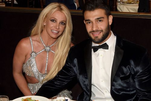 Britney Spears and Sam Asghari sitting together at the 2018 GLAAD Media Awards.
