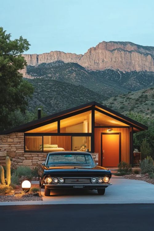 Modern mid century house exterior with ranch style elements large windows and angular carport against mountain backdrop