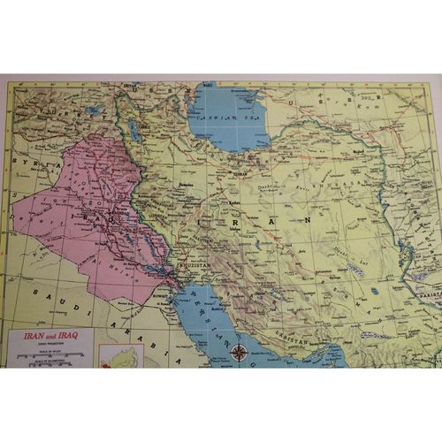 May include: A vintage map of Iran and Iraq with a yellow background and pink and blue markings. The map shows the countries' borders, major cities, and geographic features. The map title reads 'IRAN and IRAQ' and includes a scale of miles and kilometers.