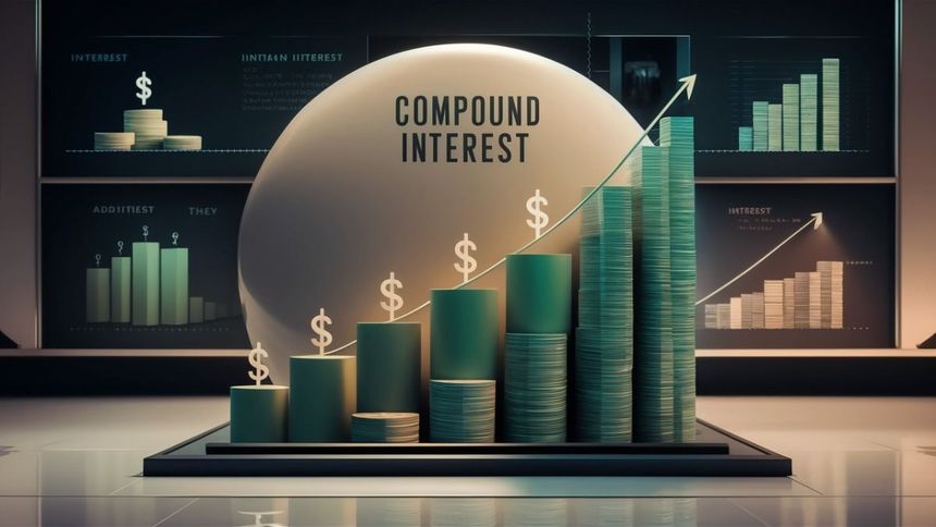 an image of a business graph with the words compound interest on it and stacks of coins