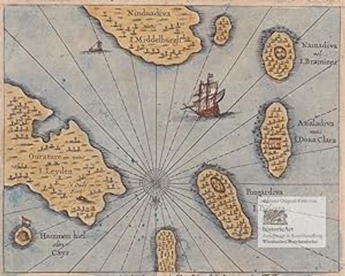 Seller image for Small Islands in the Indian Ocean with Ship and Fortifications of the Dutch East Indian Company VOC near Ceylon 1672 for sale by historicArt Antiquariat & Kunsthandlung