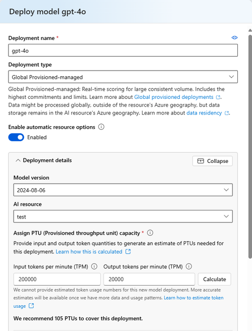 部署工作流 PTU 容量计算器的屏幕截图。