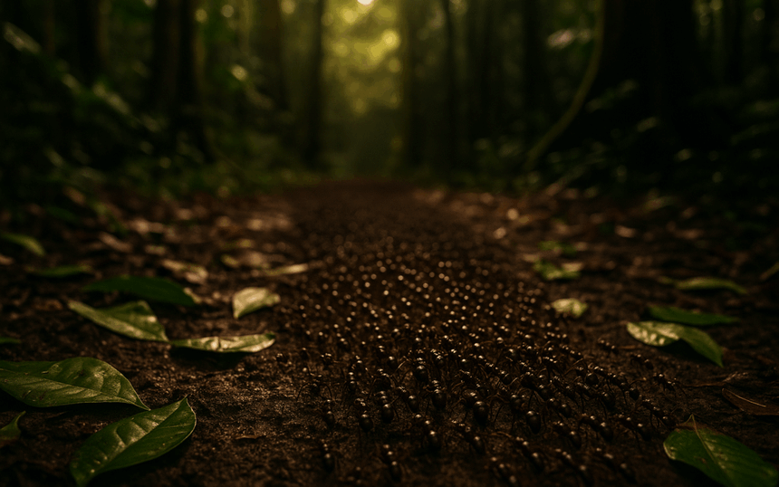 Marabunta real avanzando sobre el suelo húmedo de la selva tropical, millones de hormigas legionarias moviéndose entre hojas verdes.