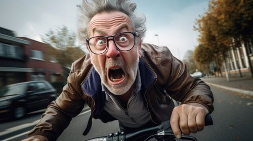 Elderly funny pensioner with terrified look rides a bike in urban traffic. Generative AI