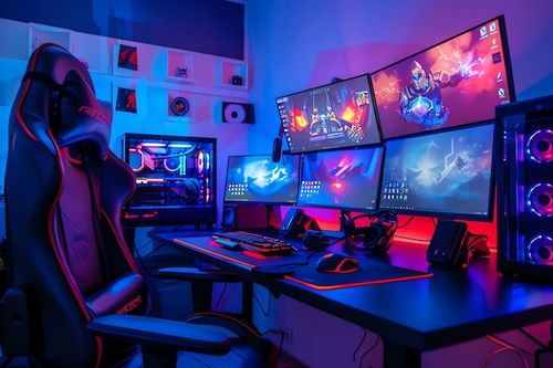 Photo modern gaming room with computer monitors and a chair