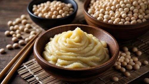 Miso paste in a wooden bowl, a seasoning created from fermenting soybeans with salt, is a traditional food ingredient in cuisine.