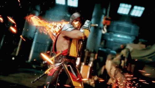Scorpion From Mortal Kombat Is Holding A Sword In His Hand GIF