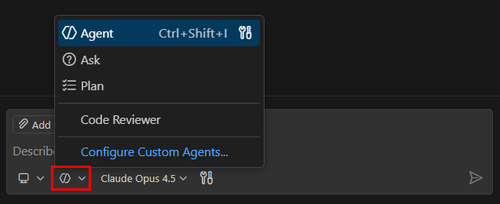 Screenshot showing the Chat view with the agent picker expanded, displaying different agent options.