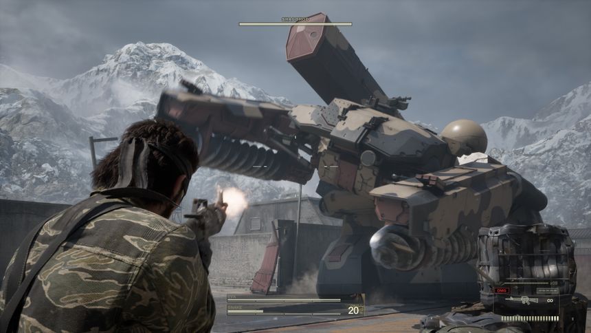 An over-the-shoulder view sees Snake unload a clip of bullets into Sthe mobile missile system Shagohod.