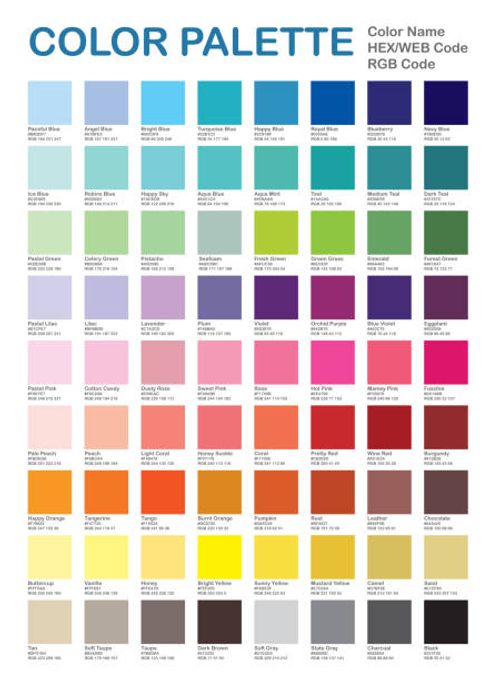 color palette - popular colors. color chart. patterns and names. rgb, hex html. vector color - colour-palette stock illustrations