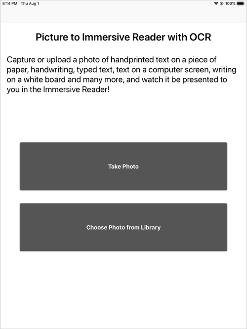 示例应用的屏幕截图，其中显示了要读取的文本。