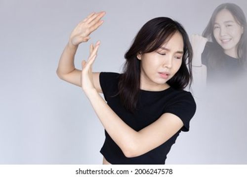 Poker face girl meme, happy woman pretending to be unhappy Stock Photo