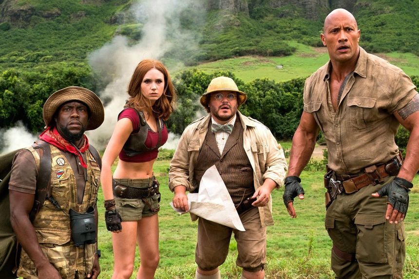 Kevin Hart, Karen Gillan, Jack Black, and Dwayne Johnson in Jumanji: Welcome to the Jungle