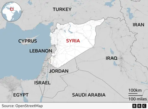 Map showing Syria and its neighbours with Turkey to the north, Iraq to the east, Jordan in the south and Lebanon and Israel to the south west. Some of Syria's western border meets the Mediterranean Sea.