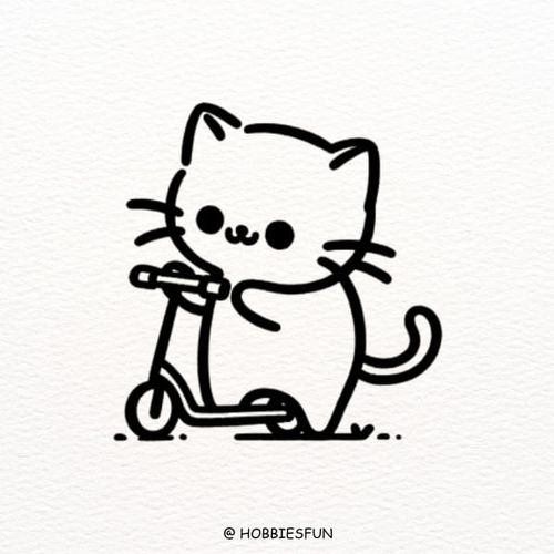 Cute cat drawing, Cat riding a scooter