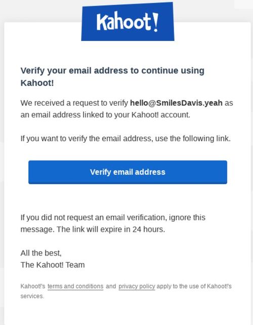 professional email examples: an email from Kahoot asking to verify the email address