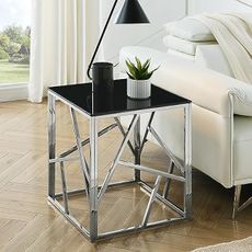 Silver Side Table,Modern Style Square End Table with Tempered Glass Top and Metal Silver Legs,Night Stand Modern Bedside Table,Black Accent Table for Living Room,Bedroom 20”Dx20”Wx22”H