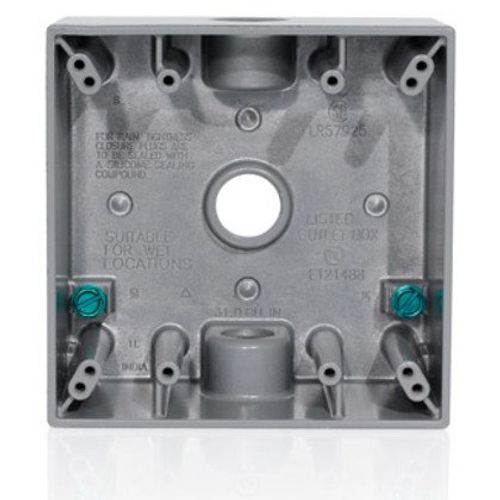 Item# 1320498, Weatherproof Box, 2 Gang, (3) 1/2" Outlets,
 Aluminum, Gray, MFR: Leviton