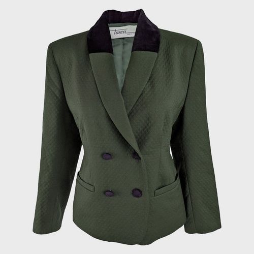 Vintage 80s Olive Green Quilted Jacket Womens Blazer Velvet Collar 1940s Style Jacket