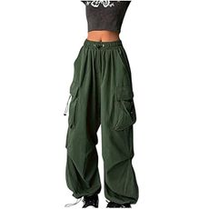 Vifucz Linen Pants Women Baggy Pants for Women Relax Fit High Waisted Wide Leg Parachute Pants Gothic Hip Hop Track Hiking Pants Green XL