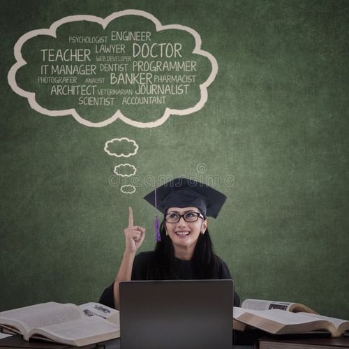 Thoughtful student in graduation cap with her dream on the blackboard. Bachelor degree stock images, royalty-free photos and pictures