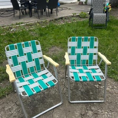 Vintage aluminum blue teal white striped sitting relaxing lawn outdoor outside lawn chairs lightweight summer spring