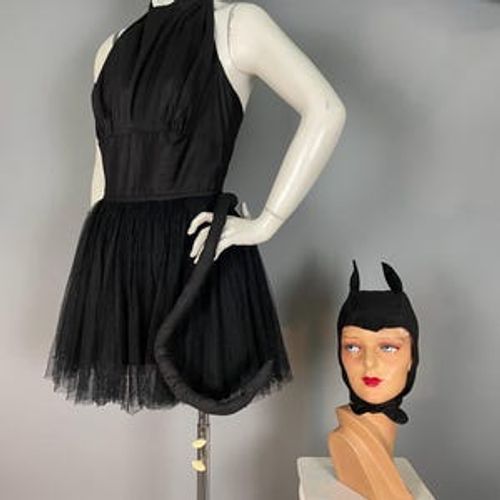 Vintage Black Cat 1940s 1950s 2pc dress costume with hat dance Halloween