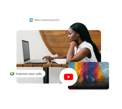 Woman using a laptop with prompts to improve calls and make scheduling easier, alongside a YouTube video thumbnail.