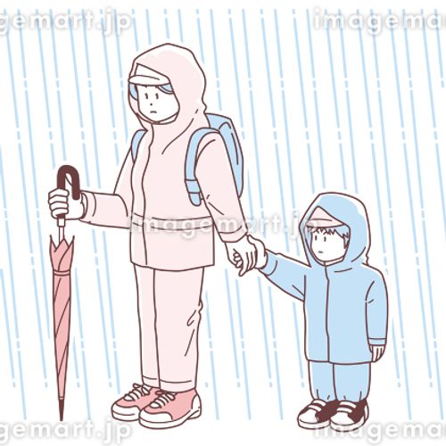 水害時に子供の手を引いて避難する女性のイラスト リュックサック,レインコート,スニーカーのイラスト素材