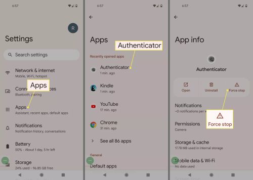 App, Authenticator app, and Force Stop in Android Settings