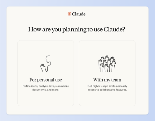 Claude 會先簡單詢問使用需求是個人用途還是團隊作業