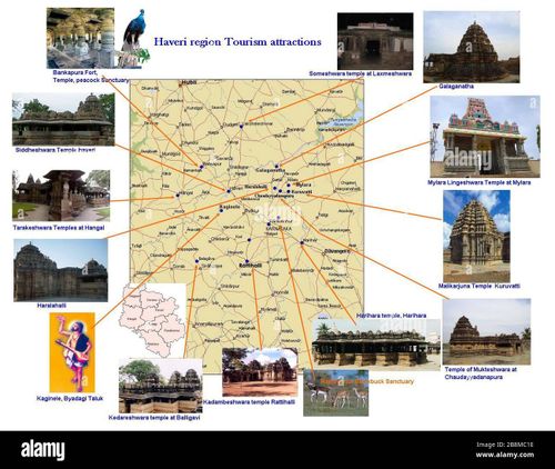 'English: Haveri region Tourism attractions map Source and Author : Manjunath Doddamani, Gajendragad / Hubli, Karnataka(India); 10 November 2008 (original upload date); Own workTransferred from en.wikipedia; Manjunath Doddamani Gajendragad at en.wikipedia; ' - Stock Image