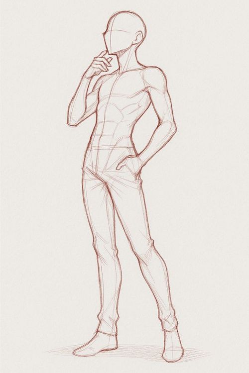 Male anime pose sketch showing confident stance with one hand in pocket and other near face, ideal for anatomy and posture study.