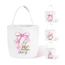 BYFDIY Personalized Easter Egg Basket For Kids Bow Canvas Custom Initial Name Easter Bunny Bag For Hunting Candy Gifts For Girls Daughter