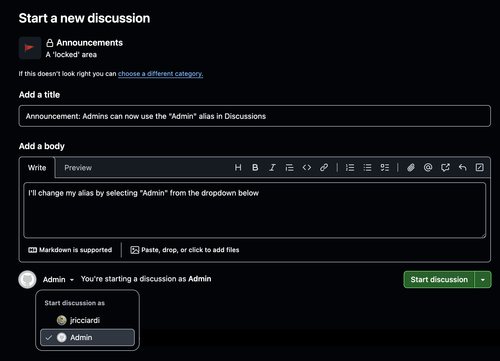 Screenshot of a discussion forum interface showing the 'Start a new discussion' page with a dropdown menu to select between posting as the user or 'Admin', demonstrating the new admin alias feature.
