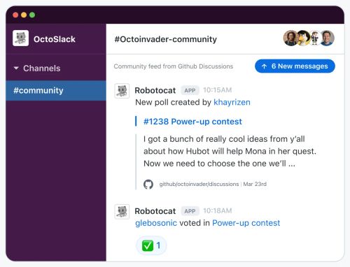 The image is a screenshot of a Slack channel named "#community" within the "OctoSlack" workspace, which is part of the "Octoinvader-community." The background is pink with rounded corners. There are two messages from a user named "Robotocat." The first message announces a new poll created by another user, khayrizen, and includes a link to the "#1238 Power-up contest" discussion on GitHub. The second message indicates that glebosonic voted in the Power-up contest. The interface displays options f