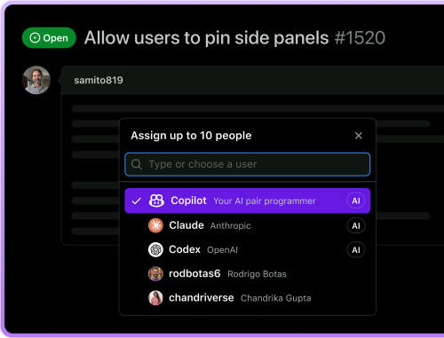 GitHub issue page with an assignee picker open, highlighting Copilot as a selectable assignee.